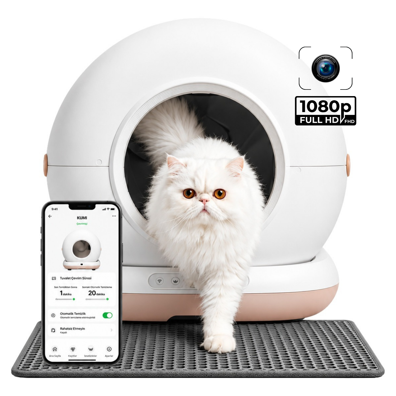 Haustier CB002 Bej KAMERALI Akıllı Otomatik Kedi Tuvaleti, APP ile Uzaktan Kontrol, 72lt Hazne, 7lt Çöp haznesi